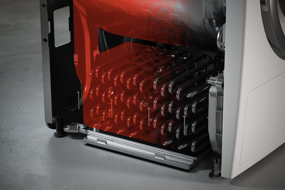 The inside of a Miele tumble dryer with graphic overlay imitating EcoDry technology.